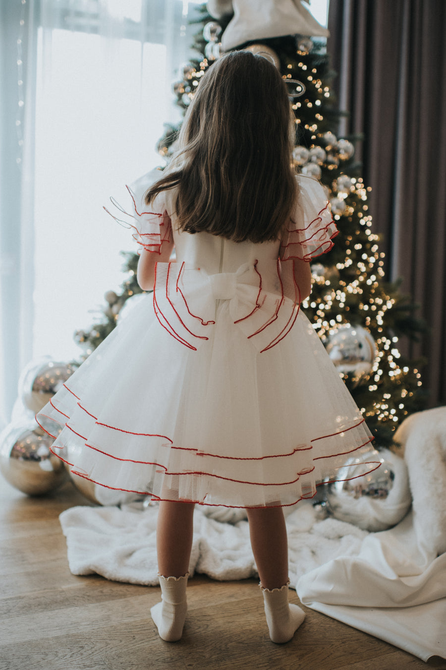 Merida Ivory Tulle Red Piping Dress