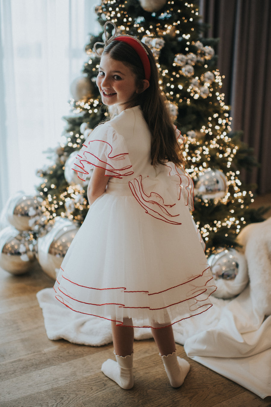 Merida Ivory Tulle Red Piping Dress