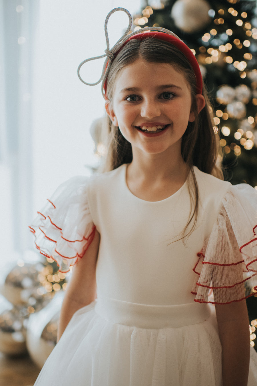 Merida Ivory Tulle Red Piping Dress