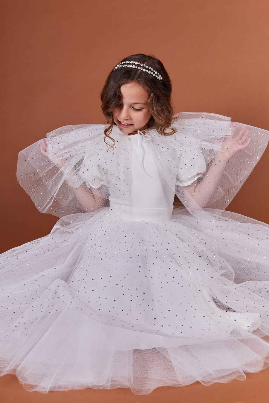 Adria Spot Tulle Cape Flower Girl Dress