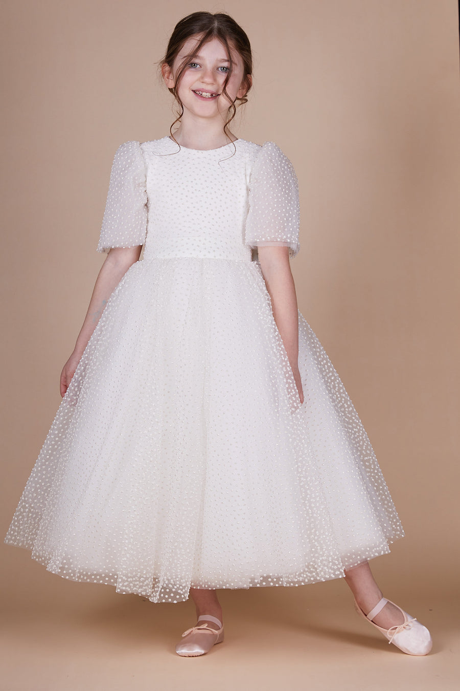 Ophelia Ivory Sparkly Spot Tulle Mini Maid Dress