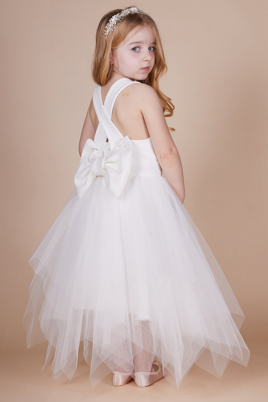 Kadie Ivory Bow Choppy Tulle Mini Maid Dress