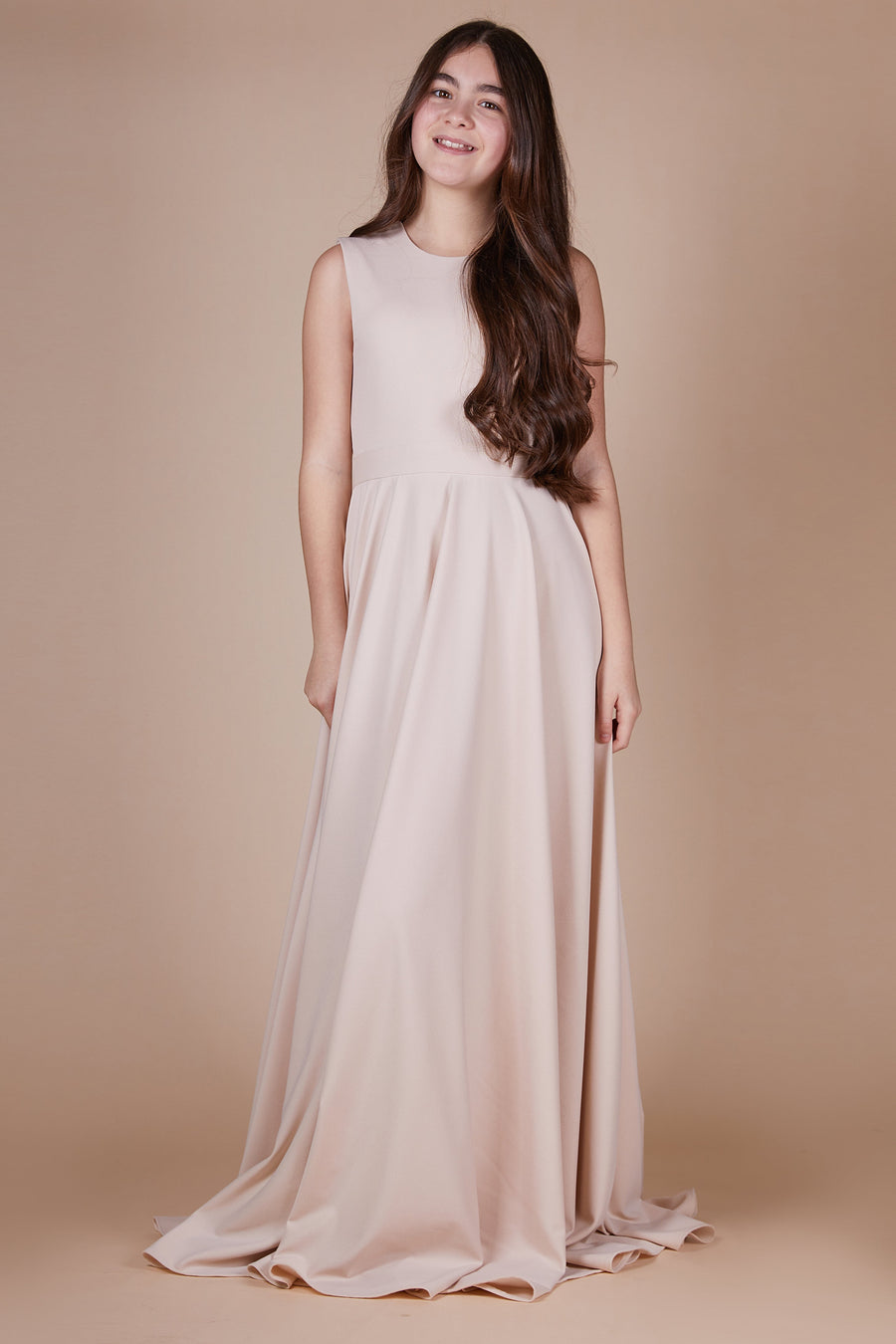 Hattie Beige Flared Mini Maid Maxi Dress